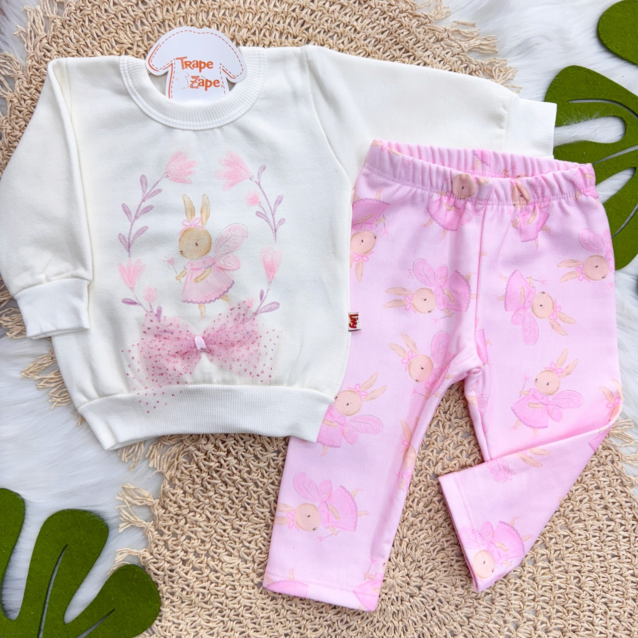 Conj. Casaco de Moletom Fada Coelhinha e Calça Legging - Off White e Rosa